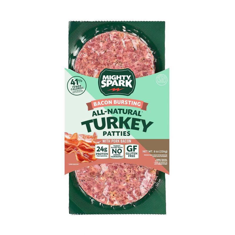 slide 1 of 4, Mighty Spark Food Co. Mighty Spark Bacon Bursting Ground Turkey Burger Patties - 8oz, 8 oz