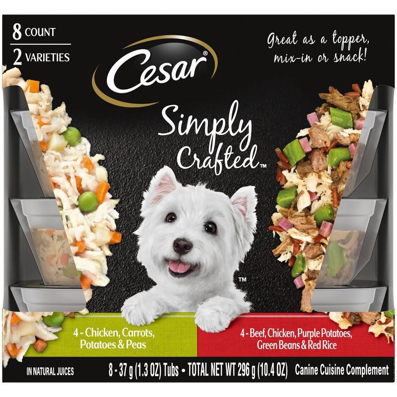 slide 1 of 1, Cesar Simply Crafted with Chicken, Carrots, Potatoes & Peas and Beef, Purple Potatoes, Green Beans & Red Rice Adult Wet Dog Food - 1.3oz/8ct, 10.4 oz