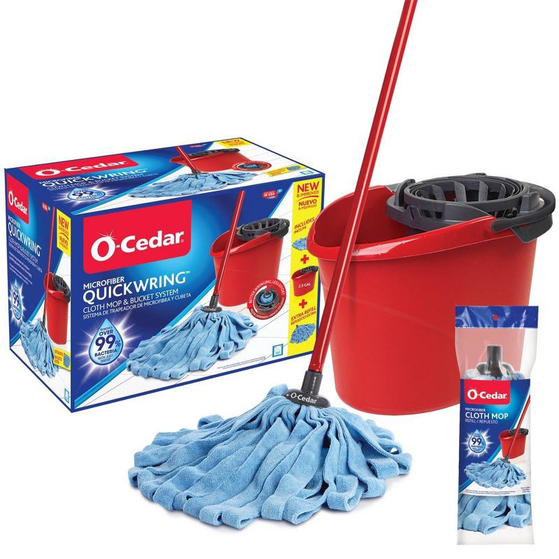 slide 1 of 9, O-Cedar Microfiber Cloth Mop & QuickWring Bucket System with 1 Extra Refill, 1 ct