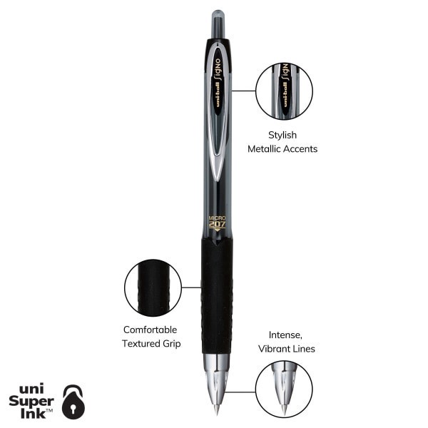 slide 2 of 9, uni-ball 207 Retractable Fraud Prevention Gel Pens, Micro Point, 0.5 Mm, Black Barrels, Black Ink, Pack Of 12, 12 ct