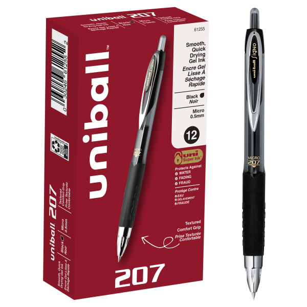 slide 1 of 9, uni-ball 207 Retractable Fraud Prevention Gel Pens, Micro Point, 0.5 Mm, Black Barrels, Black Ink, Pack Of 12, 12 ct