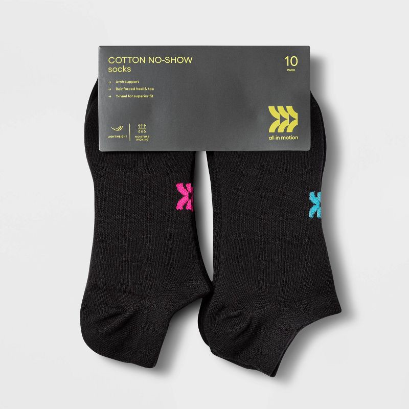 slide 2 of 3, Women's Lightweight 10pk No Show Socks - All In Motion™ Black 4-10: Moisture Wicking, Y-Heel Stitching, Knit Fabric, 10 ct