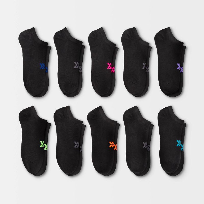 slide 1 of 3, Women's Lightweight 10pk No Show Socks - All In Motion™ Black 4-10: Moisture Wicking, Y-Heel Stitching, Knit Fabric, 10 ct