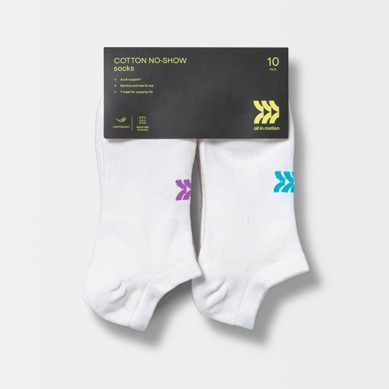 slide 2 of 3, Women's Lightweight 10pk No Show Socks - All In Motion™ White 4-10: Moisture Wicking, Y-Heel Stitching, 10 ct