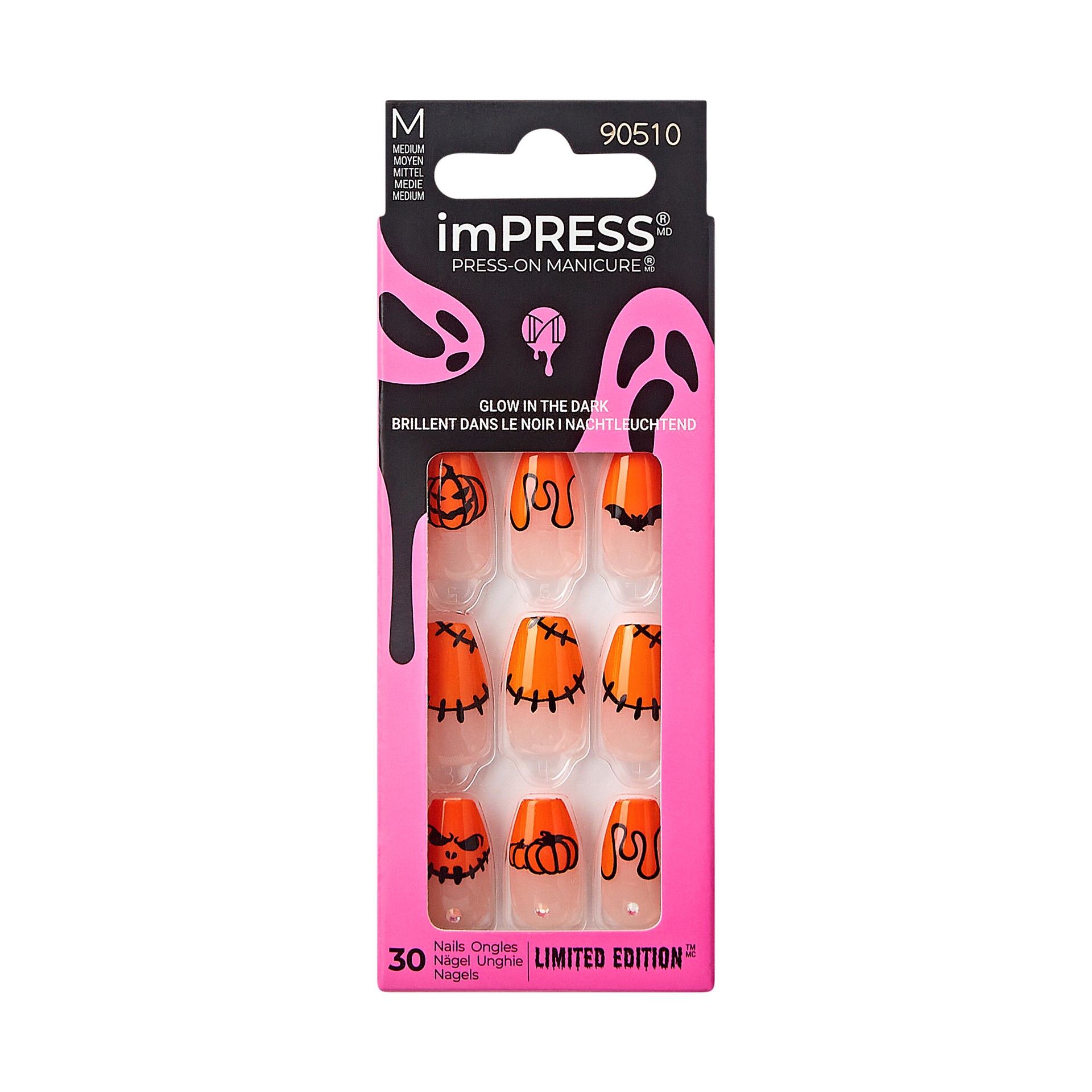 slide 1 of 5, imPRESS Press-On Nails, Halloween, No Glue Needed, Orange, Medium Coffin Shape, 33 Ct., 1 ct
