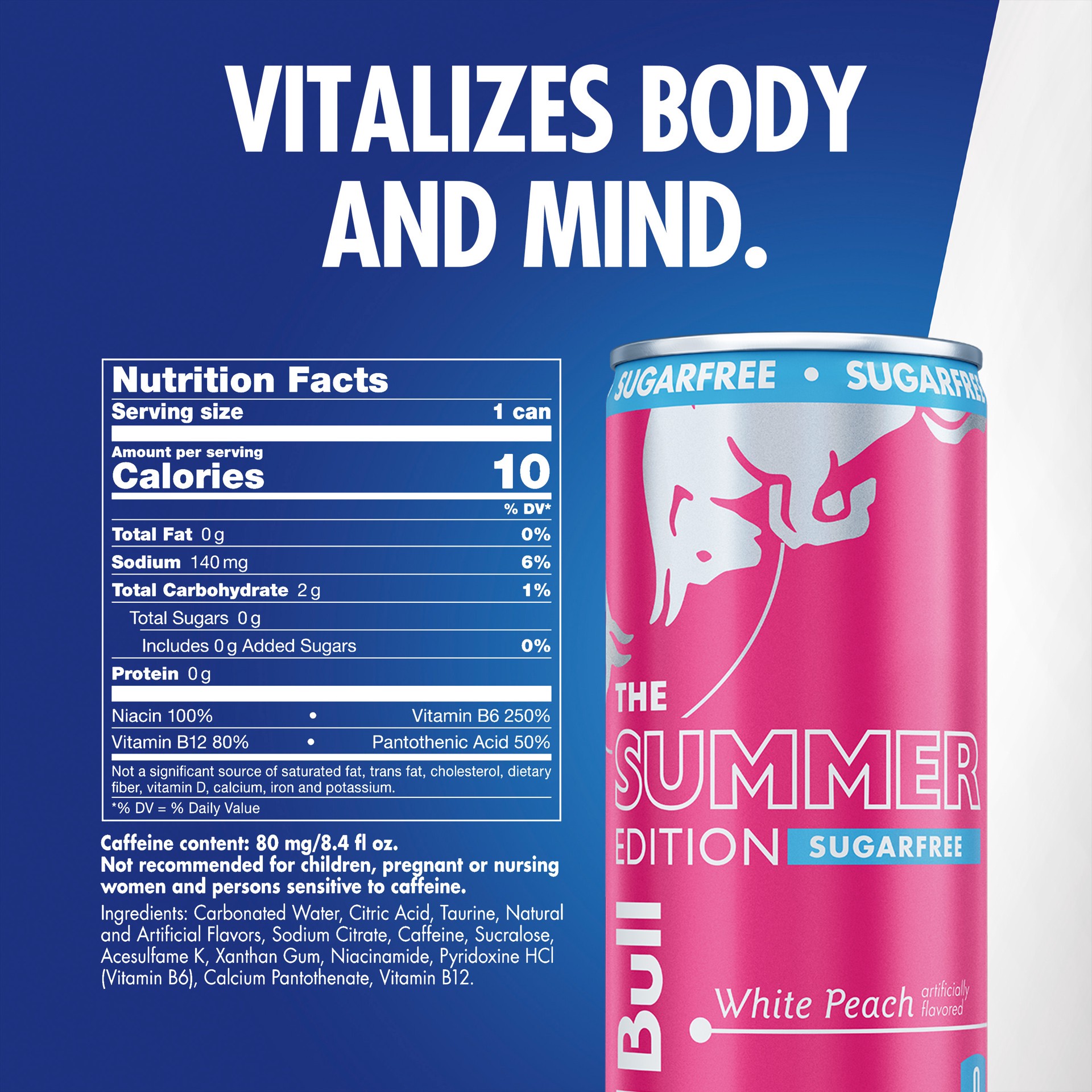 slide 3 of 7, Red Bull Summer Edition Sugarfree Energy Drink, White Peach, 8.4 fl. oz., Case of 24 cans, with 80mg Caffeine, Taurine & B Vitamins, 201.60 fl oz