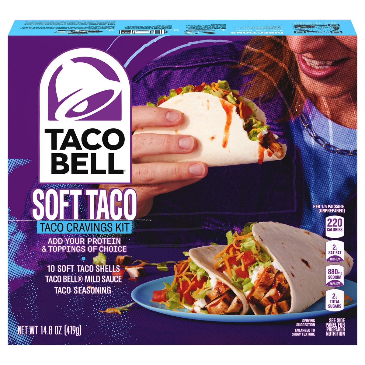 slide 1 of 6, Taco Bell Soft Taco Cravings Kit with 10 Soft Tortillas, Taco Bell Mild Sauce & Seasoning, 14.6 oz Box, 14.6 oz