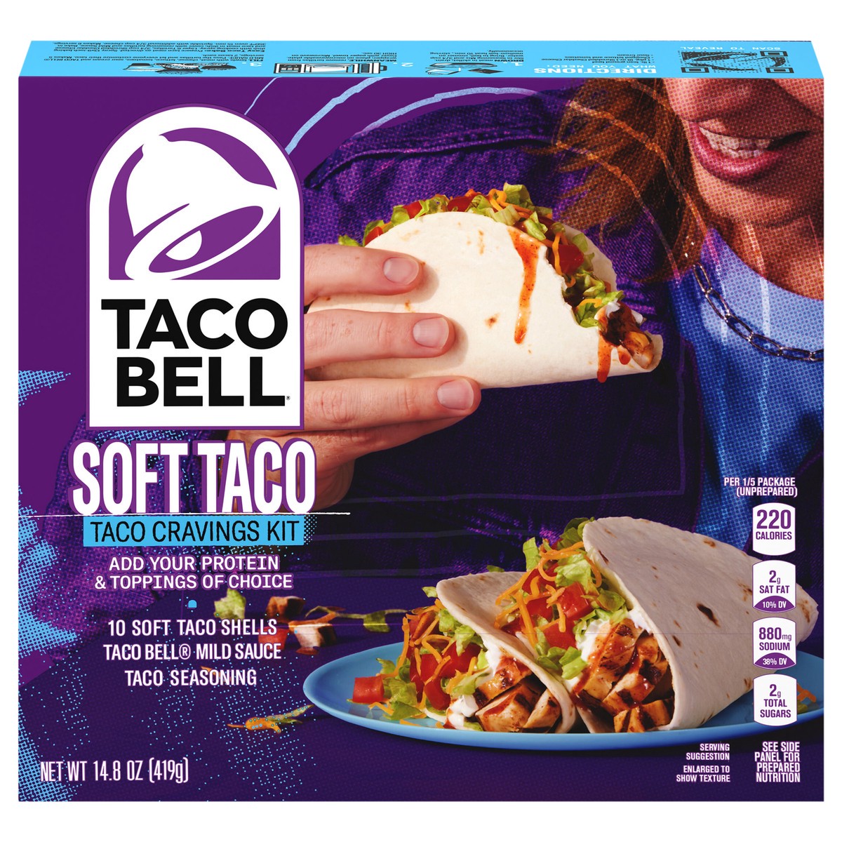 slide 1 of 1, Taco Bell Soft Taco Cravings Kit with 10 Soft Tortillas, Taco Bell Mild Sauce & Seasoning- 14.8 oz, 14.8 oz