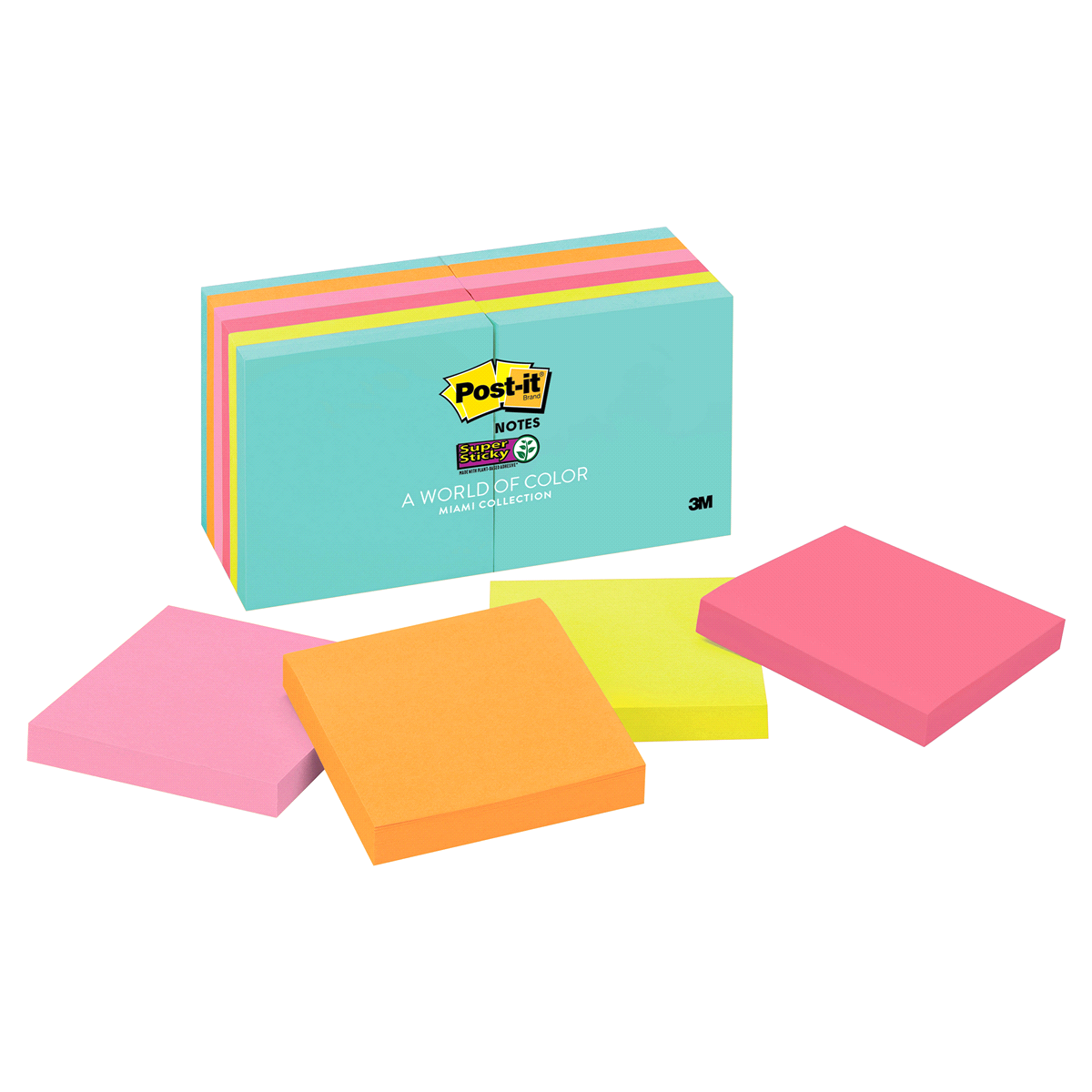 slide 1 of 5, Post-it Super Sticky Notes 3 in., Miami Collection, 12 Pads/Pack, 90 Sheets/Pad, 12 ct