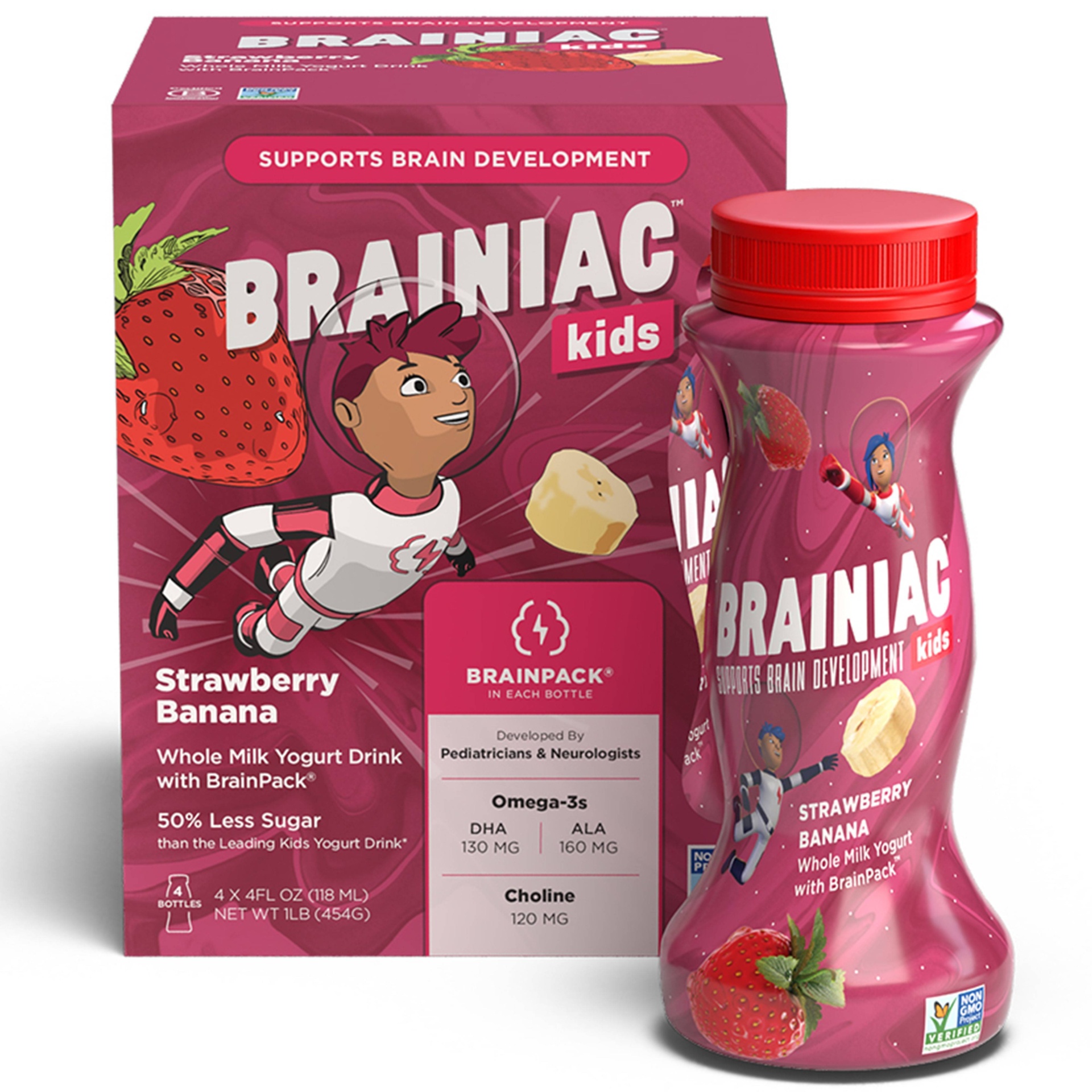 slide 1 of 1, Brainiac Kids' Strawberry Banana Yogurt Drinks, 4 ct; 4 fl oz