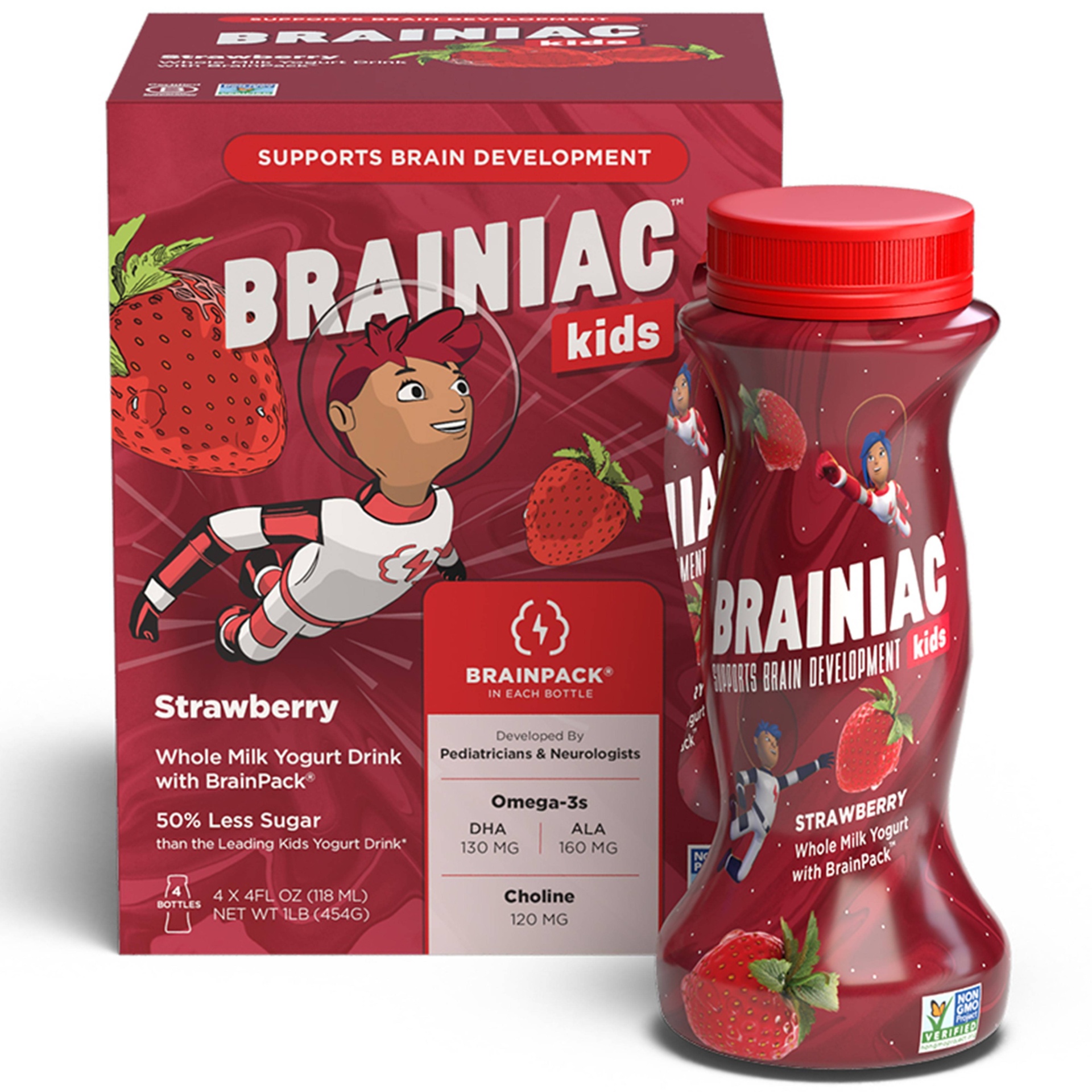 slide 1 of 1, Brainiac Kids' Strawberry Yogurt Drinks, 4 ct; 4 fl oz