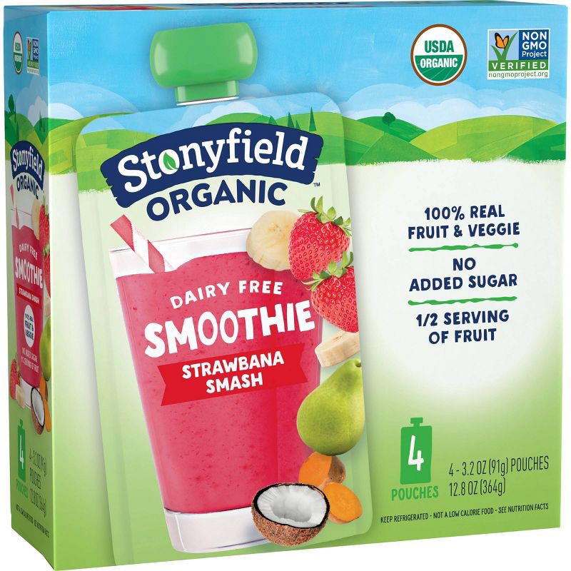 slide 6 of 7, Stonyfield Organic Strawbana Smash Kids' Dairy Free Smoothie - 4ct/3.2oz Pouches, 4 ct; 3.2 oz