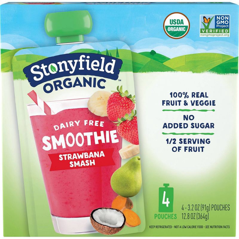 slide 1 of 7, Stonyfield Organic Strawbana Smash Kids' Dairy Free Smoothie - 4ct/3.2oz Pouches, 4 ct; 3.2 oz