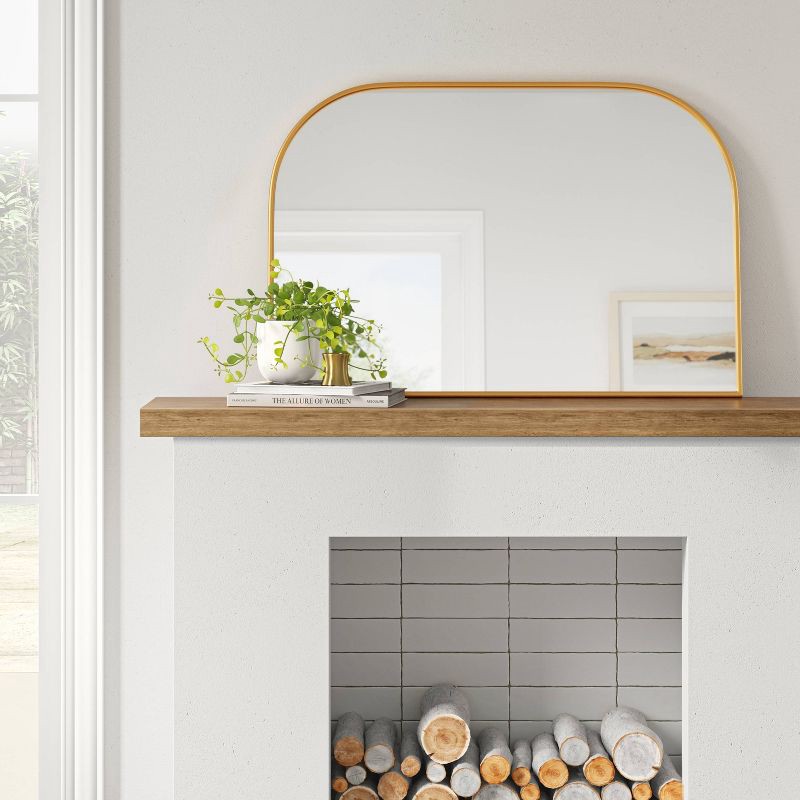 slide 3 of 3, 36" x 24" Over the Mantel Mirror Gold - Threshold™: Rounded Top, Metal Frame, Wall Mounted, 1 ct