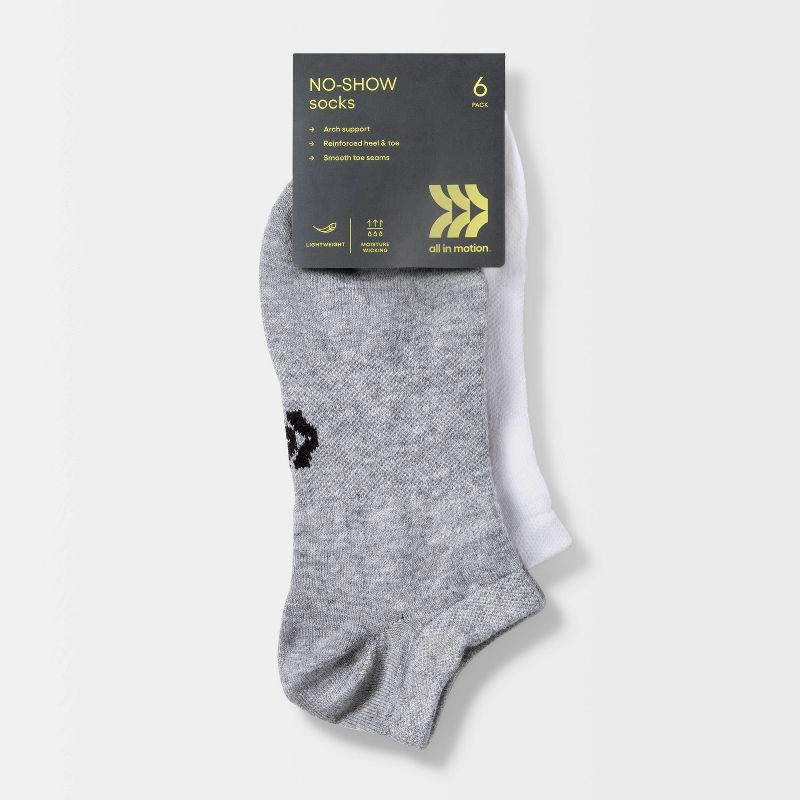 slide 2 of 3, Women's Lightweight Active Mesh 6pk No Show Socks - All In Motion™ White/Heather Gray/Black 4-10: Moisture Wicking, Arch Support, 6 ct