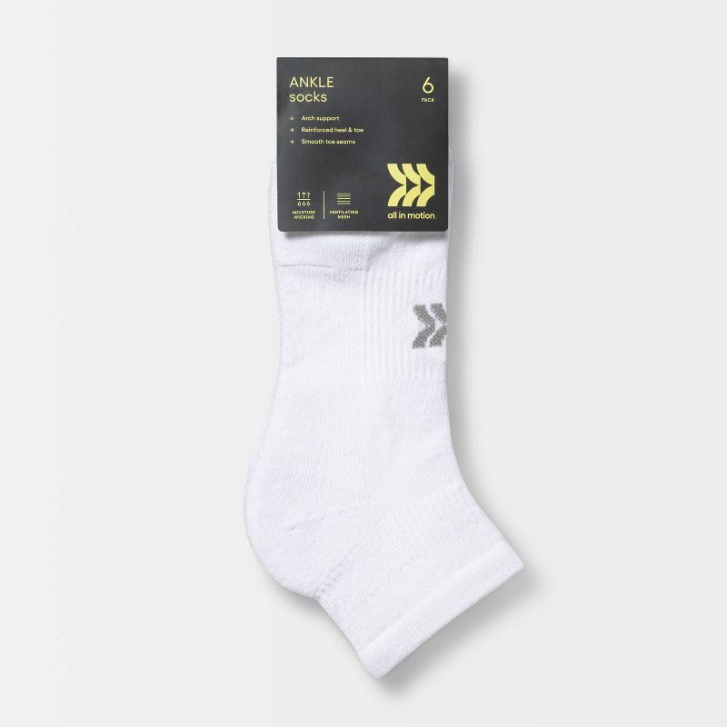 slide 2 of 3, Women's Cushioned 6pk Ankle Socks - All In Motion™ White 4-10: Moisture Wicking, Arch Support, 6 ct