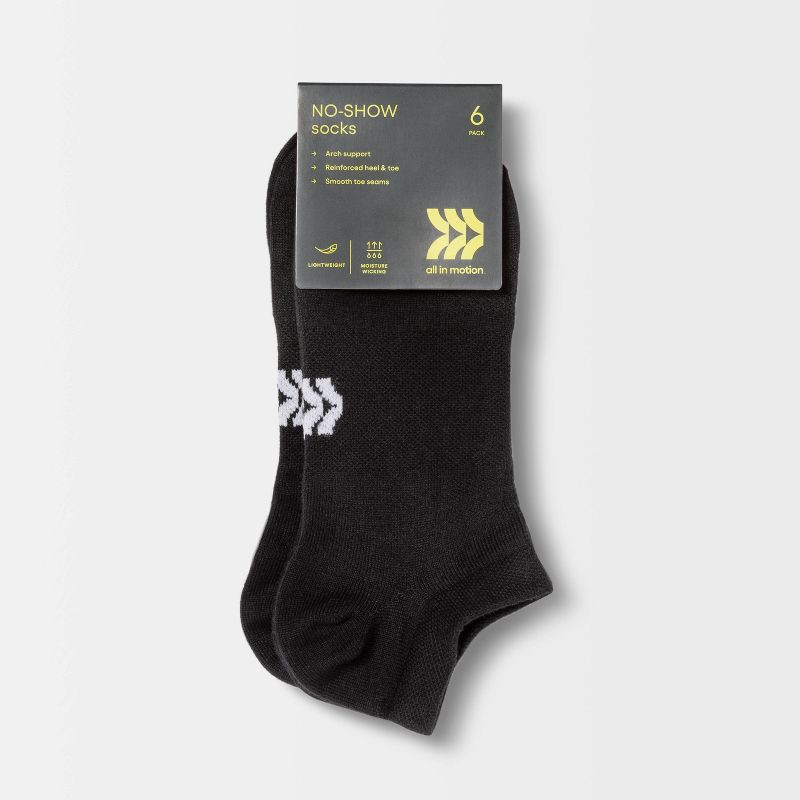 slide 2 of 3, Women's Lightweight Active Mesh 6pk No Show Socks - All In Motion™ Black 4-10: Moisture Wicking, Arch Support, Reinforced Toe, 6 ct
