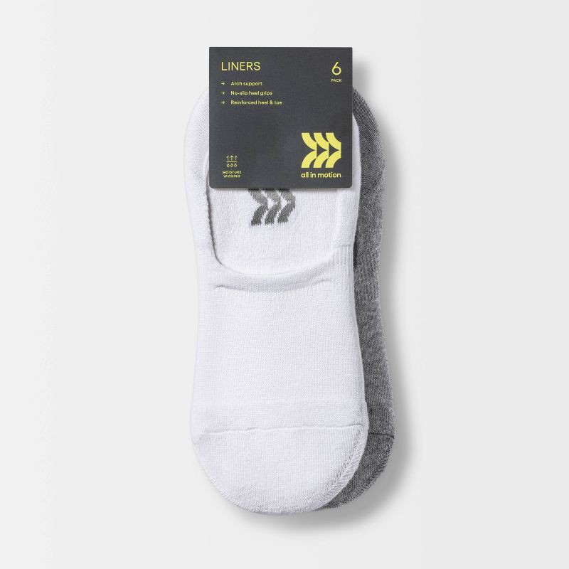 slide 3 of 3, Women's Extended Size Cushioned 6pk Liner Athletic Socks - All In Motion™ White/Heather Gray/Black 8-12, 6 ct