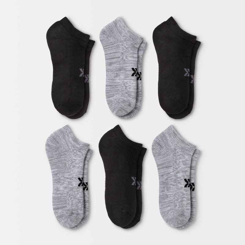 slide 1 of 3, Women's Cushioned 6pk Low Cut Socks - All In Motion™ Heather Gray/Black 4-10: Moisture Wicking, Arch Support, 6 ct