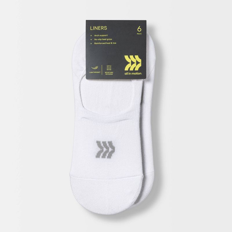 slide 2 of 3, Women's Lightweight 6pk Liner Socks - All In Motion™ White 4-10: Moisture Wicking, Arch Support, Reinforced Toe, 6 ct