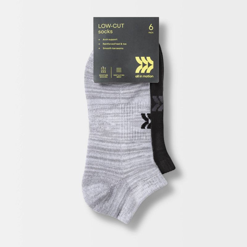 slide 2 of 3, Women's Extended Size Cushioned 6pk Low Cut Socks - All In Motion™ Heather Gray/Black 8-12: Moisture Wicking, Arch Support, 6 ct