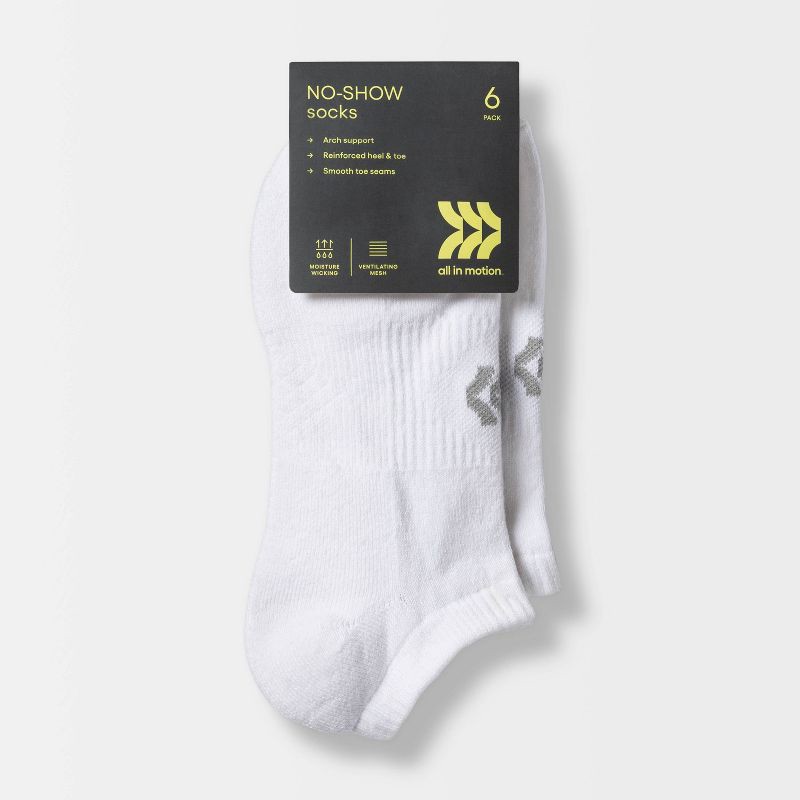 slide 2 of 3, Women's Cushioned 6pk No Show Socks - All In Motion™ White 4-10: Arch Support, Moisture Wicking, 6 ct