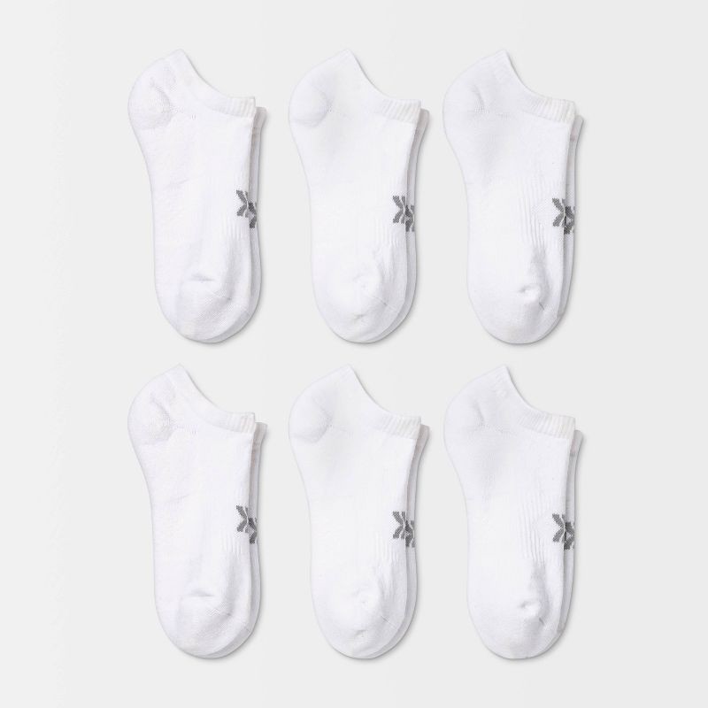 slide 1 of 3, Women's Cushioned 6pk No Show Socks - All In Motion™ White 4-10: Arch Support, Moisture Wicking, 6 ct