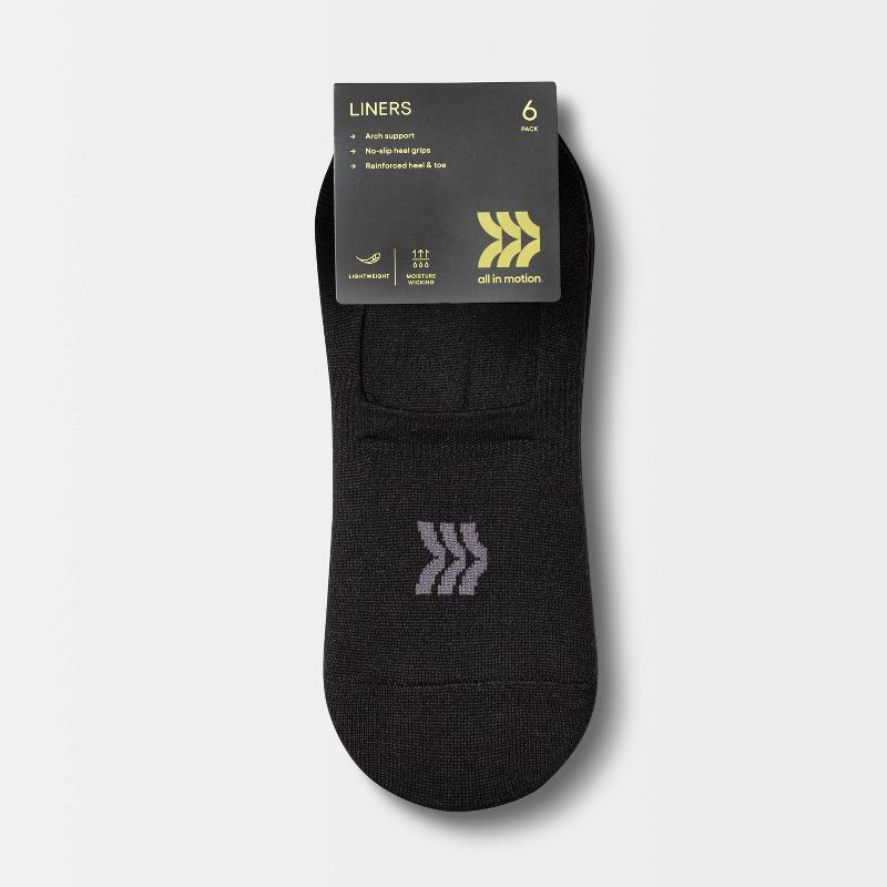 slide 2 of 3, Women's Lightweight 6pk Liner Athletic Socks - All In Motion™ Black 4-10: Moisture Wicking, Flat Seams, Machine Washable, 6 ct