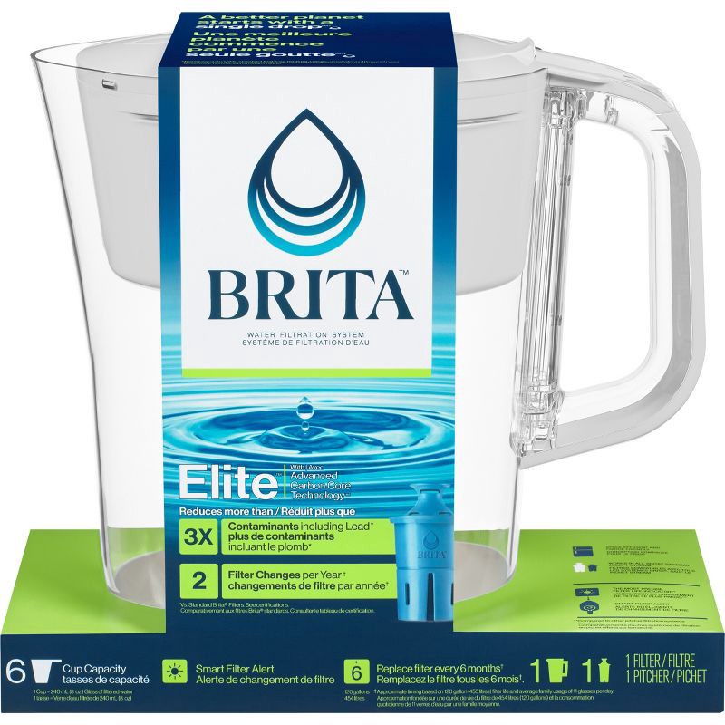 slide 2 of 19, Brita Water Filter 6 Cup Denali Water Pitcher Dispenser with Elite Water Filter - White, 1 ct