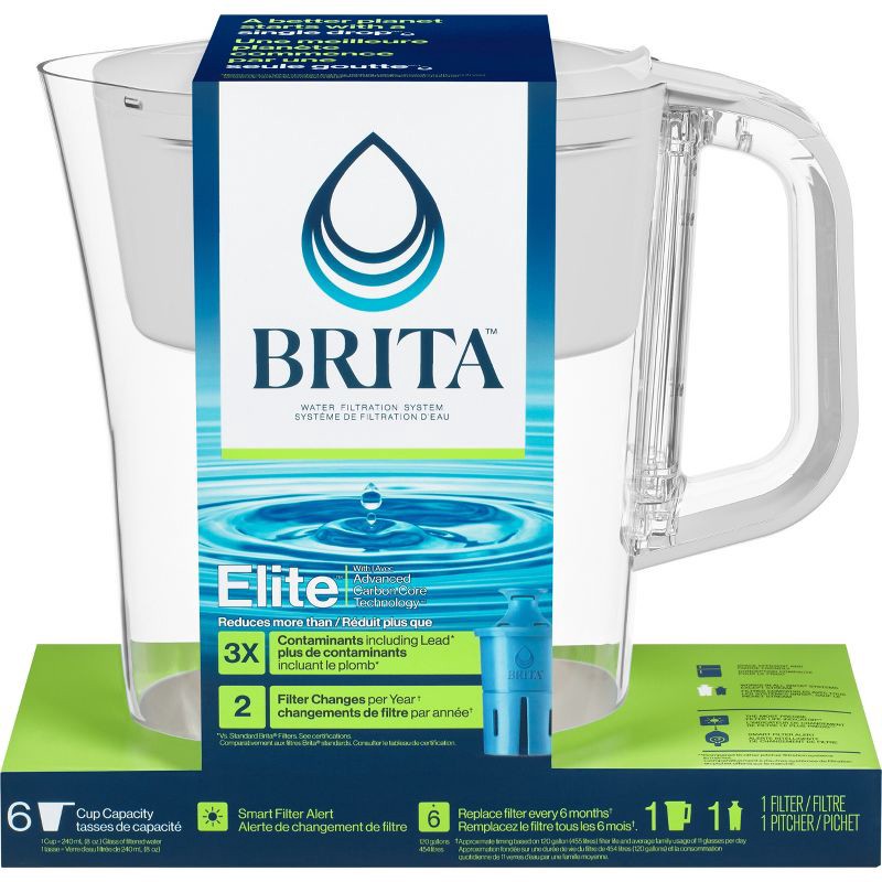 slide 2 of 3, Brita Water Filter 6 Cup Denali Water Pitcher Dispenser - White: Easy-Fill Lid, Electronic Indicator, 1 ct