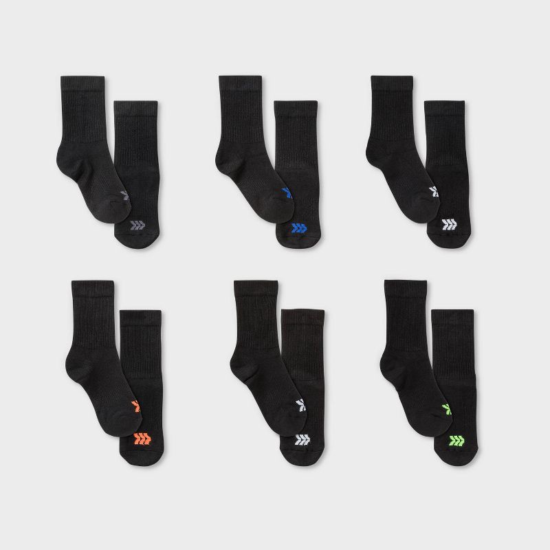 slide 1 of 2, Kids' 6pk Crew Socks - All In Motion™ Black M: Arch Support, Flat Seams, Geometric Pattern, 6 ct