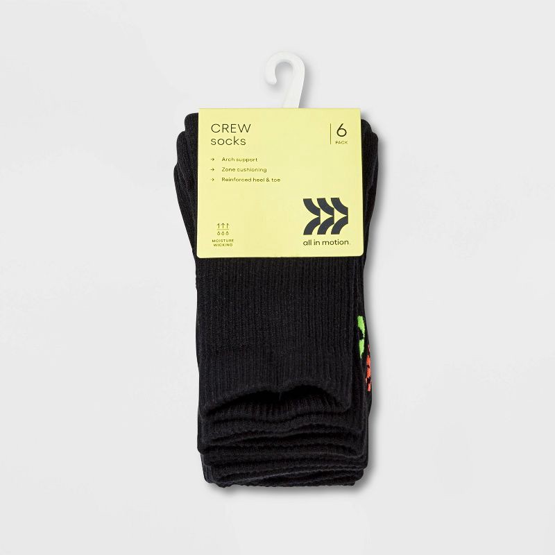 slide 2 of 2, Kids' 6pk Crew Socks - All In Motion™ Black L: Geometric Pattern, Arch Support, Midweight Fabric, 6 ct