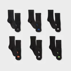 Kids' 6pk Crew Socks - All In Motion™ Black L: Geometric Pattern, Arch Support, Midweight Fabric