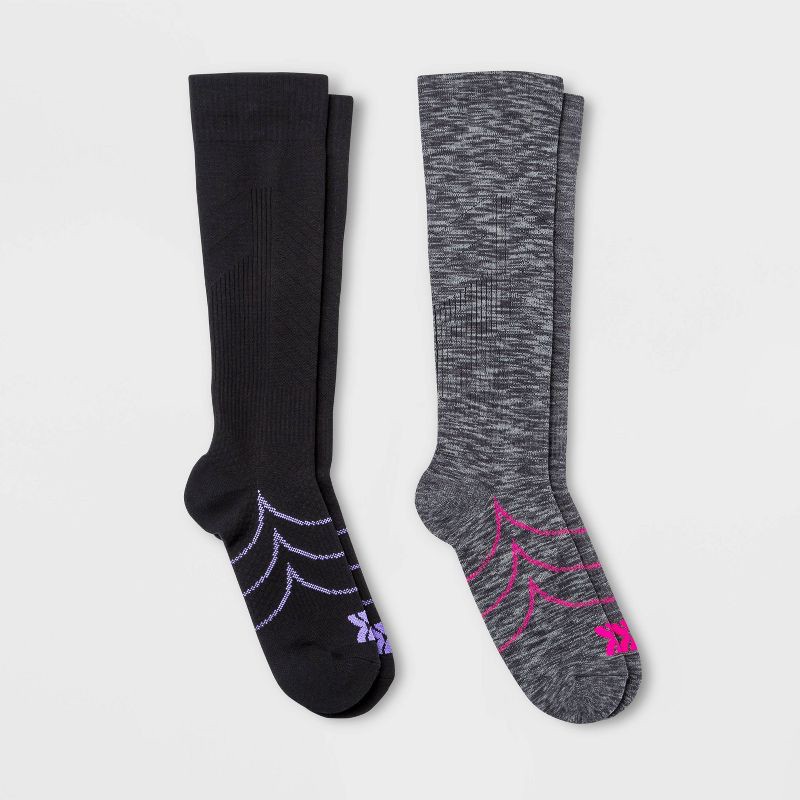 slide 1 of 3, Women's Compression 2pk Knee High Socks - All In Motion™ Gray/Black 4-10: Moisture Wicking, Arch Support, 2 ct