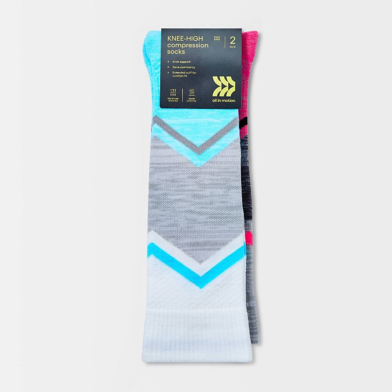 slide 2 of 3, Women's Chevron Colorblock Compression 2pk Knee High Socks - All In Motion™ White/Gray 4-10: Moisture Wicking, Arch Support, 2 ct