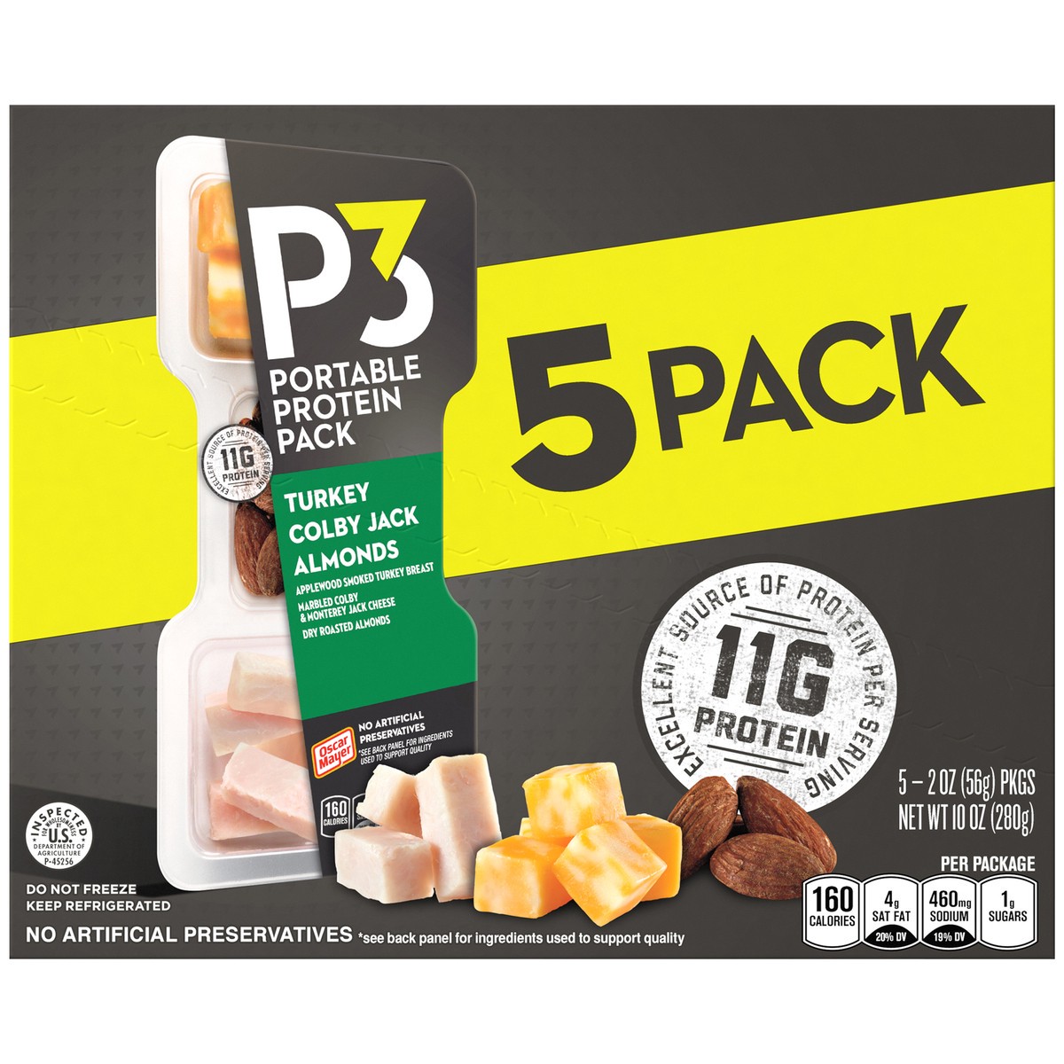 slide 1 of 5, P3 Portable Protein Snack Pack with Turkey, Almonds & Colby Jack Cheese, Trays - 5 ct, 10 oz