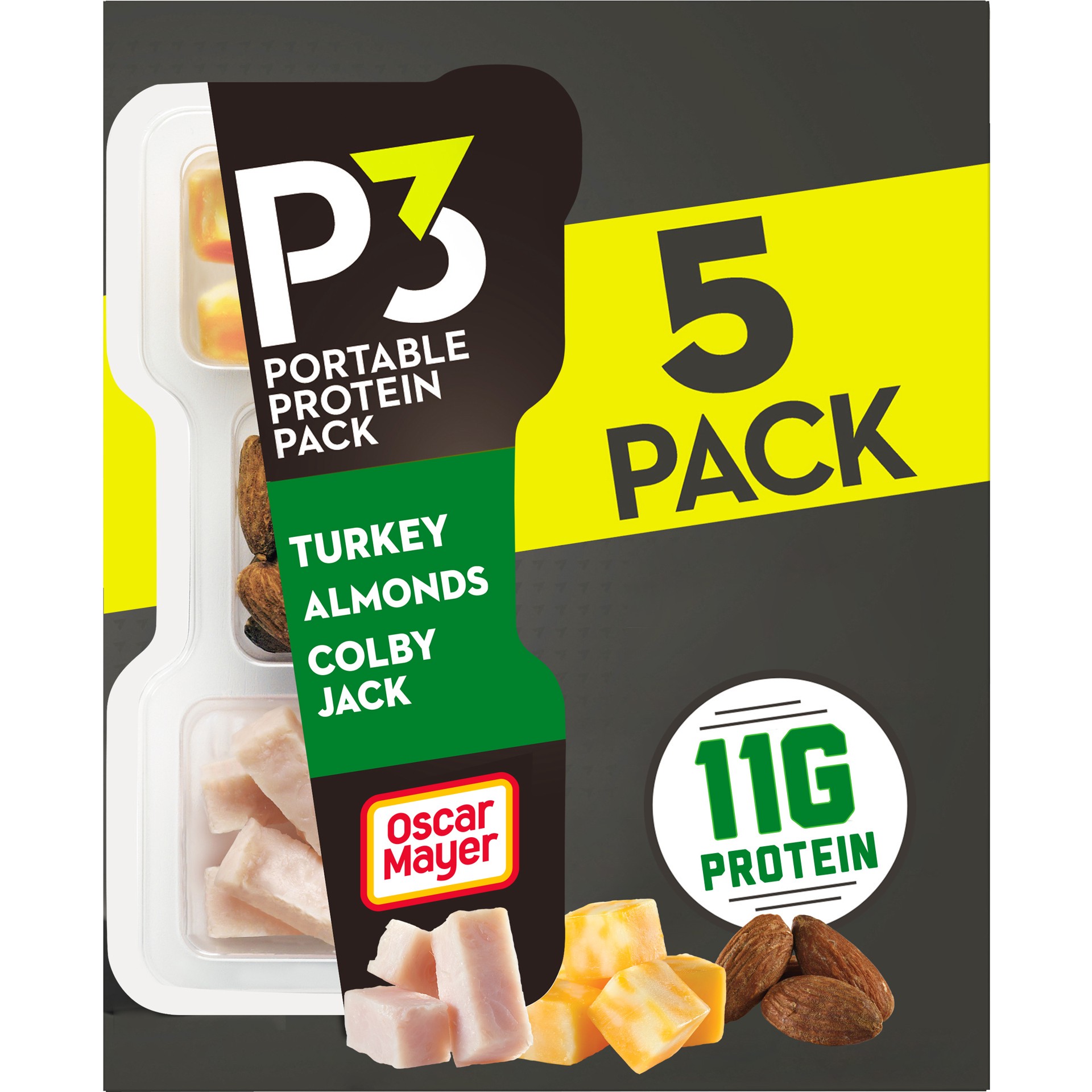 slide 1 of 5, P3 Portable Protein Snack Pack with Turkey, Almonds & Colby Jack Cheese, 5 ct Box, 2 oz Trays, 10 oz