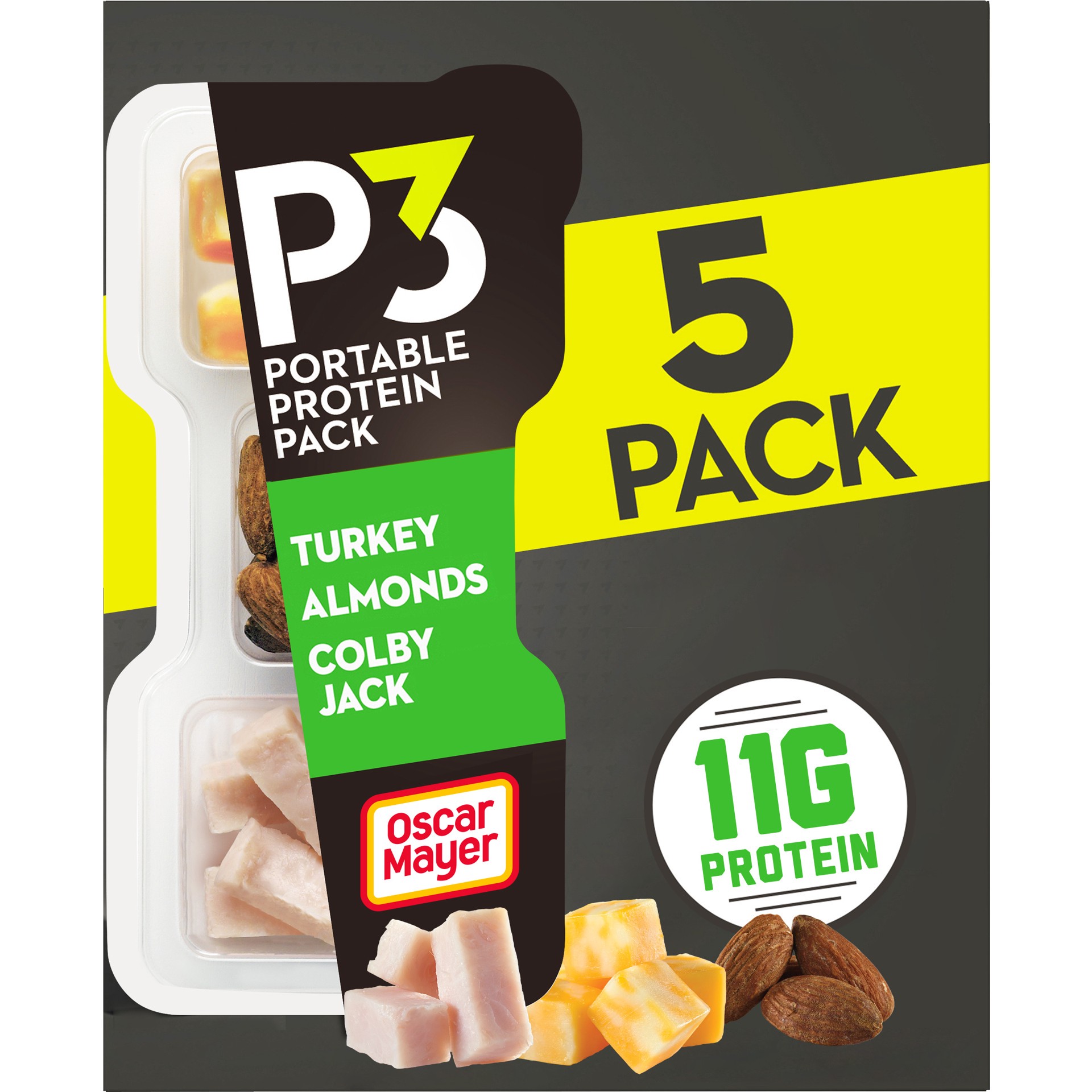 slide 1 of 5, P3 Portable Protein Snack Pack with Turkey, Almonds & Colby Jack Cheese, 5 ct Box, 2 oz Trays, 10 oz