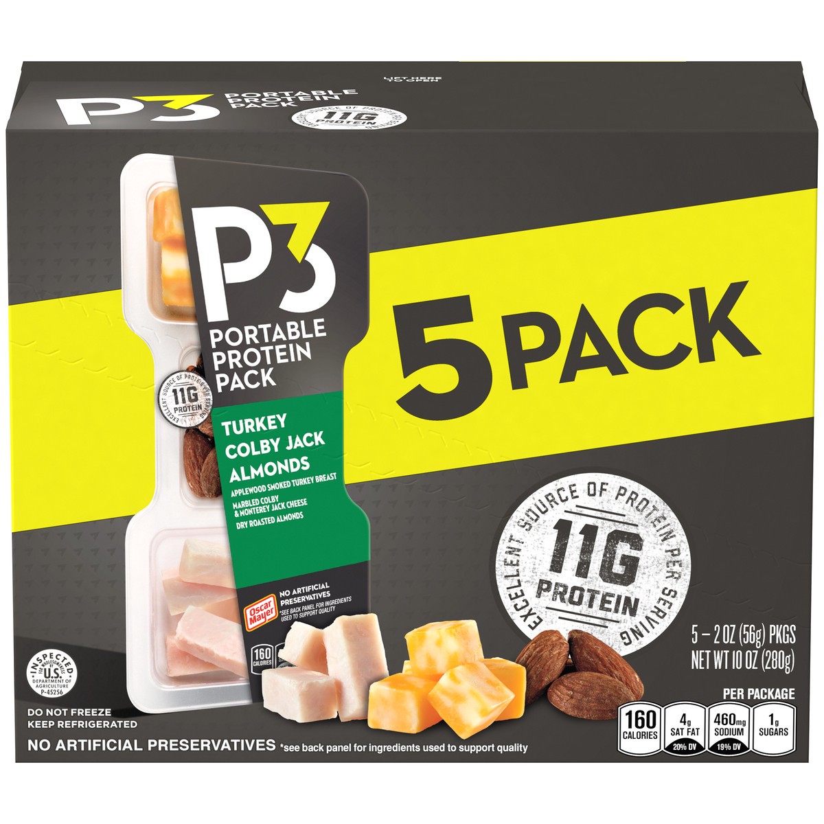 slide 1 of 5, P3 Portable Protein Snack Pack with Turkey, Almonds & Colby Jack Cheese, 5 ct Box, 2 oz Trays, 10 oz