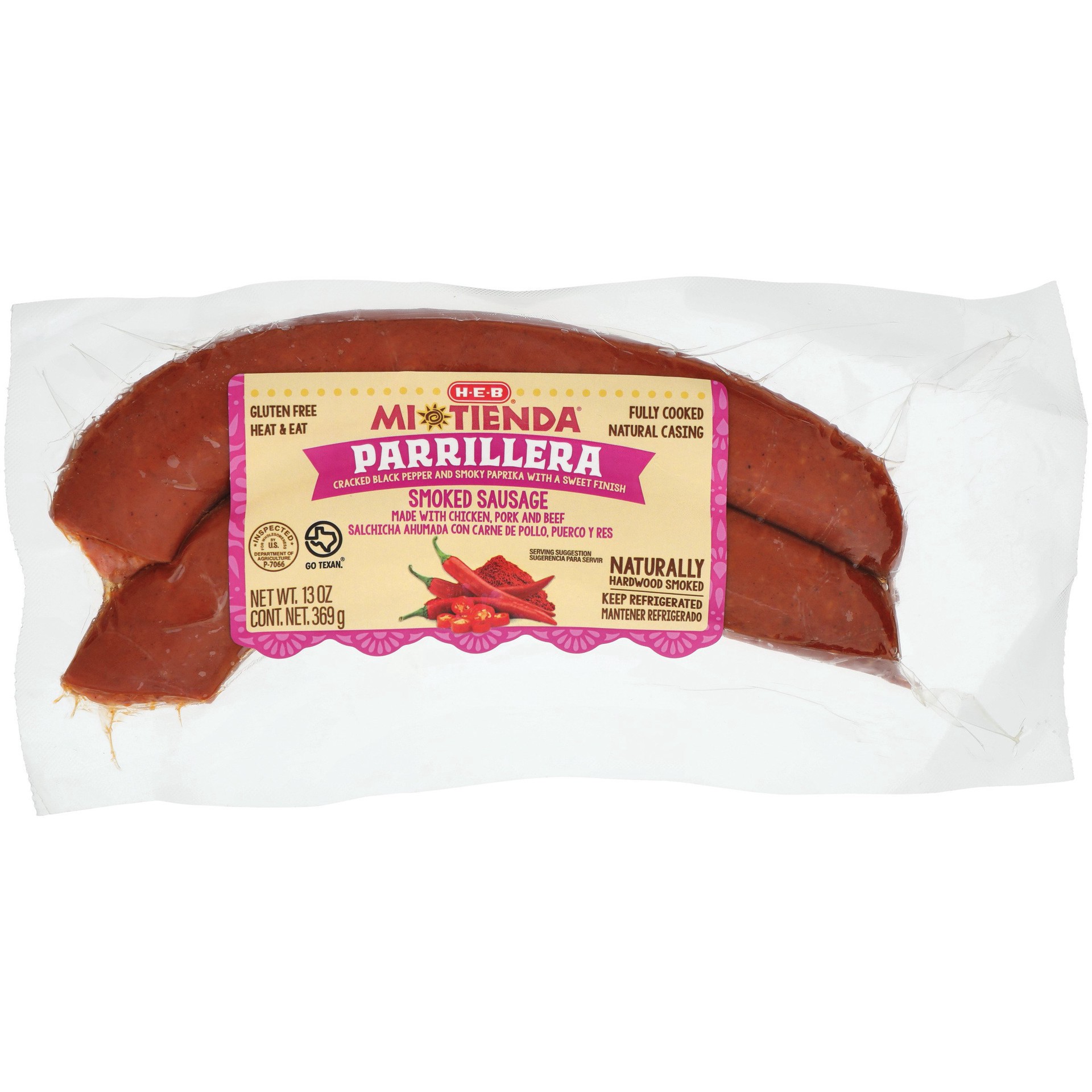slide 1 of 1, H-E-B Mi Tienda Parrillera Smoked Sausage - Black Pepper & Paprika, 13 oz