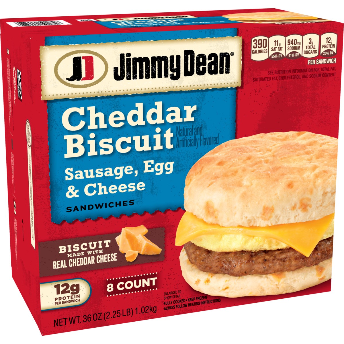 slide 3 of 9, Jimmy Dean Cheddar Biscuit Breakfast Sandwiches with Sausage, Egg, and Cheese, Frozen, 8 Count, 1.02 kg