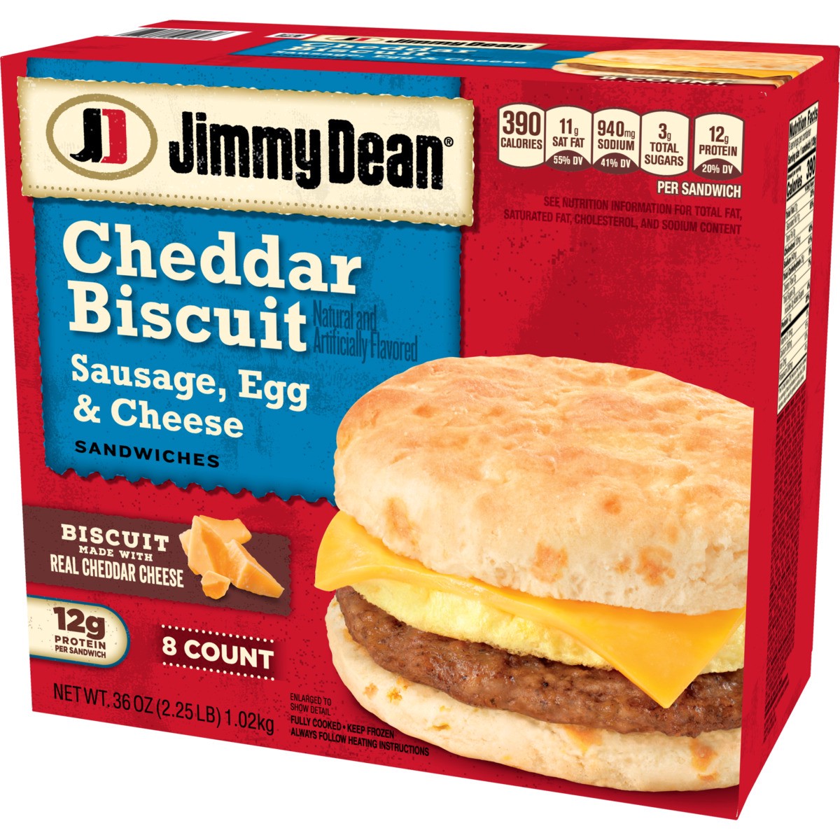 slide 8 of 9, Jimmy Dean Cheddar Biscuit Breakfast Sandwiches with Sausage, Egg, and Cheese, Frozen, 8 Count, 1.02 kg