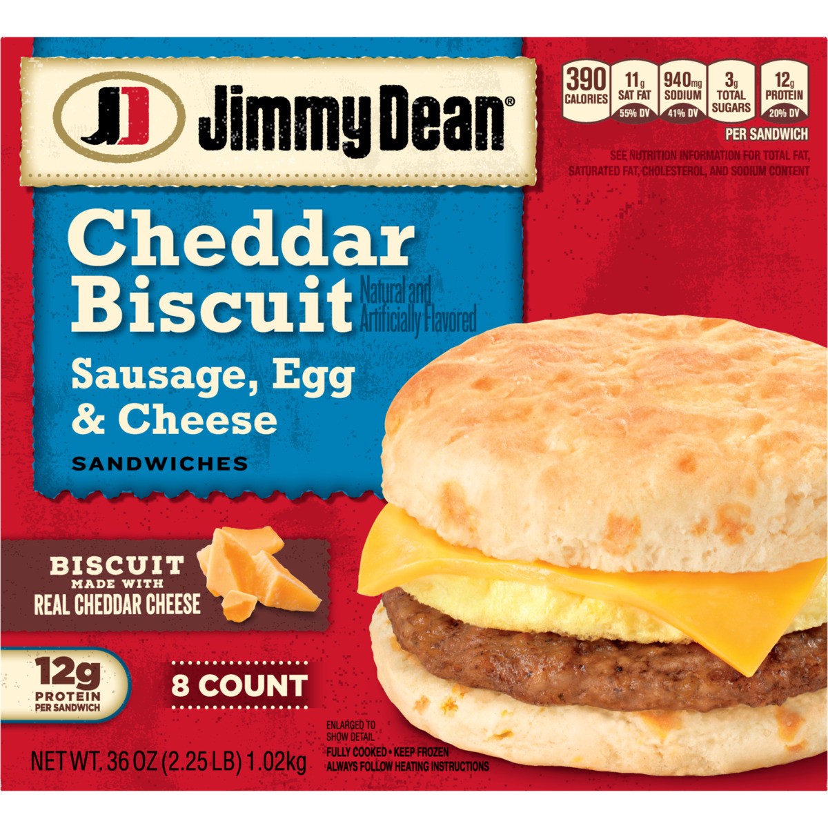 slide 7 of 9, Jimmy Dean Cheddar Biscuit Breakfast Sandwiches with Sausage, Egg, and Cheese, Frozen, 8 Count, 1.02 kg