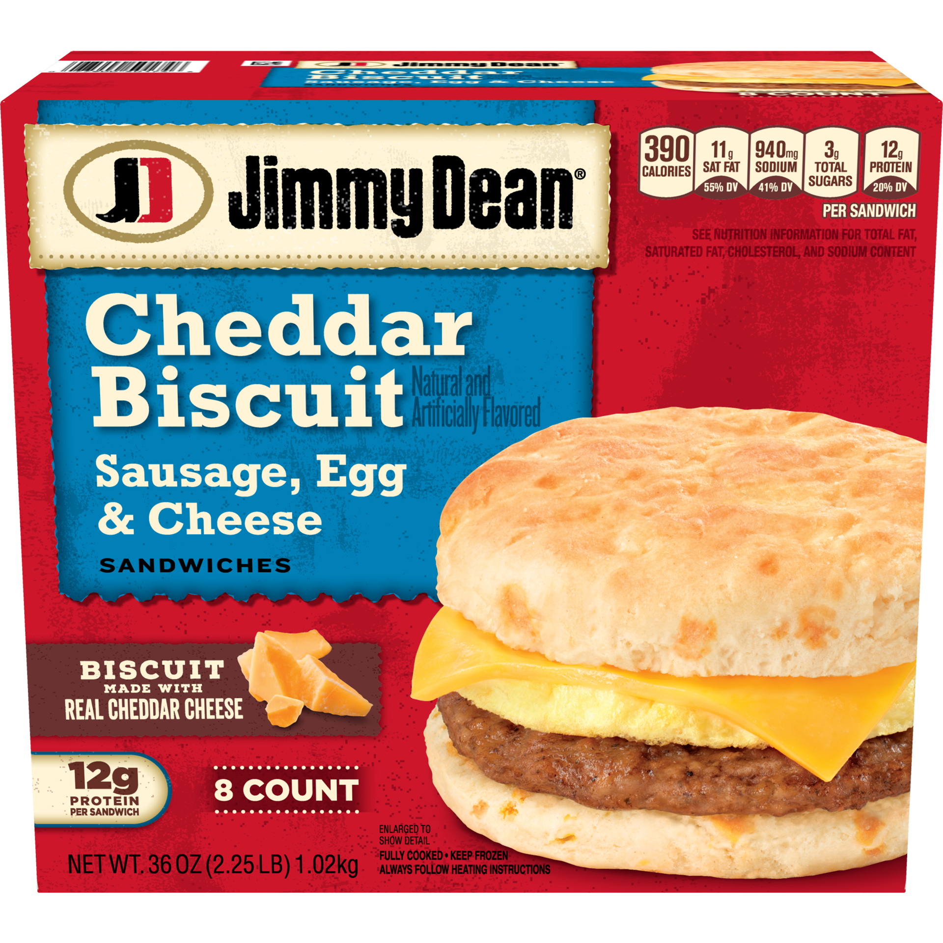 slide 1 of 9, Jimmy Dean Cheddar Biscuit Breakfast Sandwiches with Sausage, Egg, and Cheese, Frozen, 8 Count, 1.02 kg