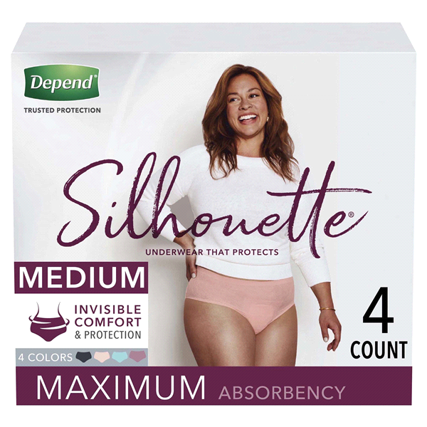 slide 1 of 1, Depend Silhouette Incontinence Underwear for Women - Maximum Absorbency - Medium - Pink/Black/Teal/Berry, 4 ct