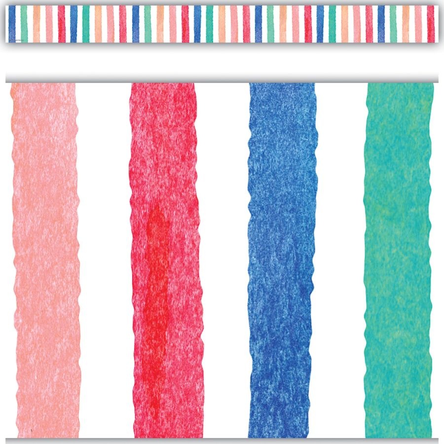 slide 2 of 2, Teacher Created Resources Straight Border Trim, 3'' X 35'', Watercolor Stripes, Pack Of 12 Strips, 12 ct