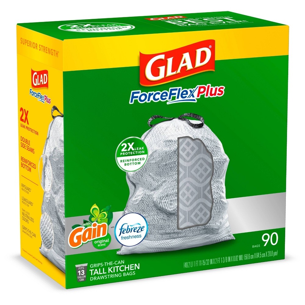 slide 3 of 6, Glad ForceFlexPlus + Tall Kitchen Drawstring Gray Trash Bags - Gain Original with Febreze Freshness, 13 gal, 90 ct