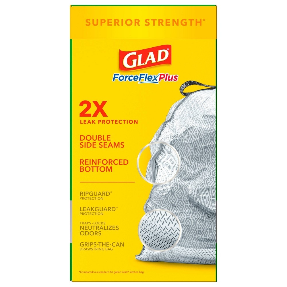 slide 4 of 6, Glad ForceFlexPlus + Tall Kitchen Drawstring Gray Trash Bags - Gain Original with Febreze Freshness, 13 gal, 90 ct