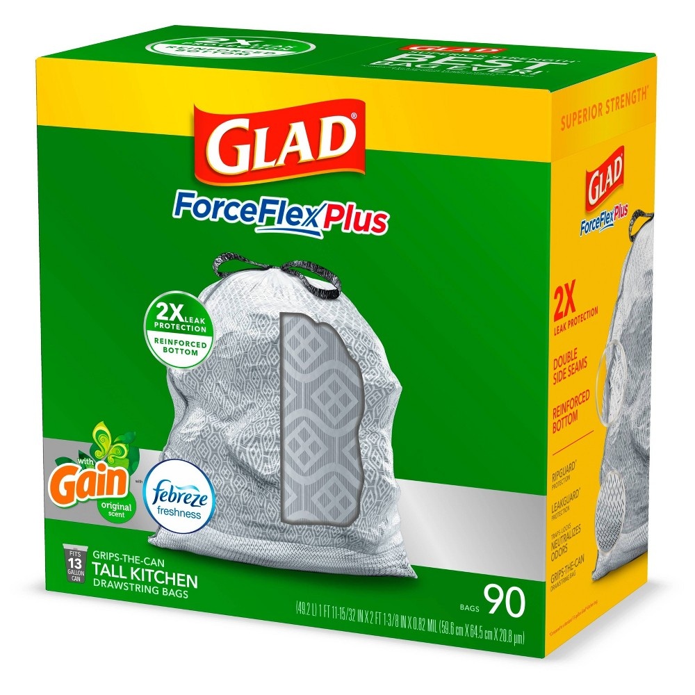 slide 5 of 6, Glad ForceFlexPlus + Tall Kitchen Drawstring Gray Trash Bags - Gain Original with Febreze Freshness, 13 gal, 90 ct