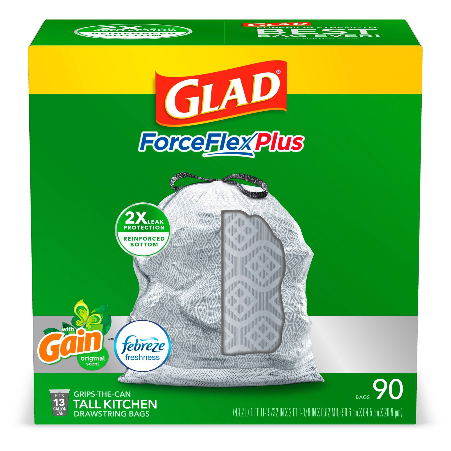 slide 1 of 6, Glad ForceFlexPlus + Tall Kitchen Drawstring Gray Trash Bags - Gain Original with Febreze Freshness, 13 gal, 90 ct